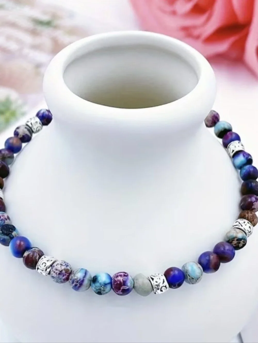 💜🩶NEW💜🩶 PRETTY!! 4MM PURPLE FLOWER STONE Adjustable Bracelet